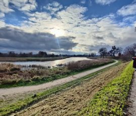 Przejście uczestników spaceru ze Śródmieścia do Dolnego Miasta w Gdańsku. Uczestnicy idą promenadą przy terenach zielonych, nadbrzeżem Opływu Motławy. Na zdjęciu widoczna część promenady zbudowana nie niewielkiej skarpie, poniżej której znajduje się ścieżka spacerowa oraz porośnięty wyższymi trawami brzeg Opływu Motławy. Niebo częściowo zachmurzone z widocznymi przebłyskami słońca.
